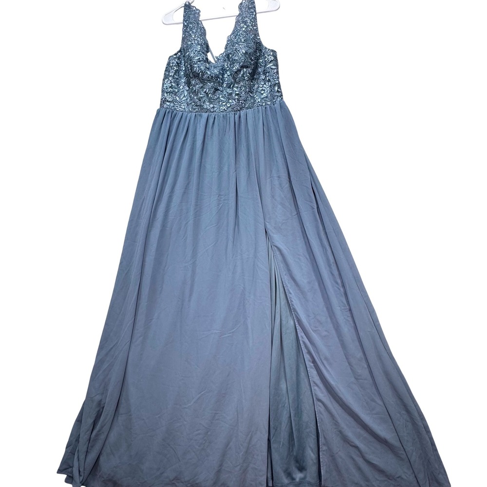 Lulus Maxi Dress Womens XL Dusty Blue Lace Bodice High Slit Formal Gown NWT